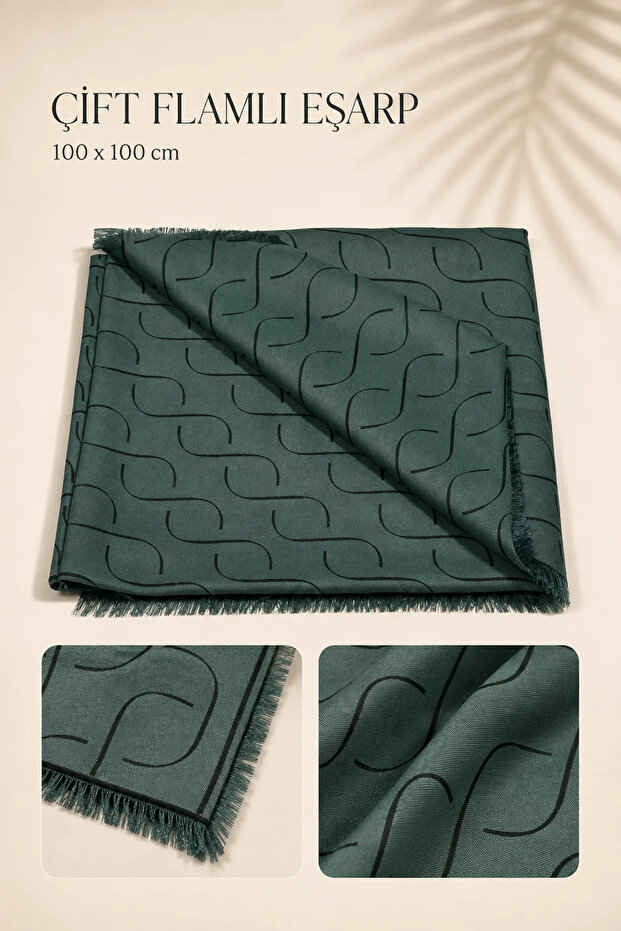Patterned Double Flamed Scarf 100X100 cm | Tasseled Plain Textured Women's Scarf - Petrol Green