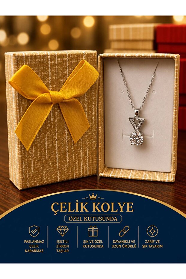 Stone Triangle Solitaire Model Steel Necklace, Non-Tarnish Gift in Special Box