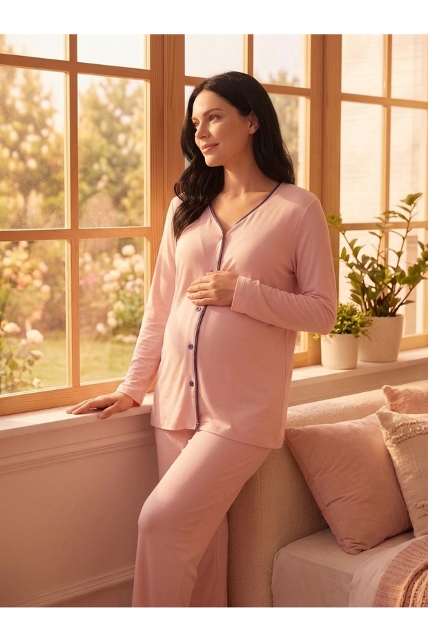 Viscose Textured Front Buttoned Pink Maternity & Pregnancy Pajama Set