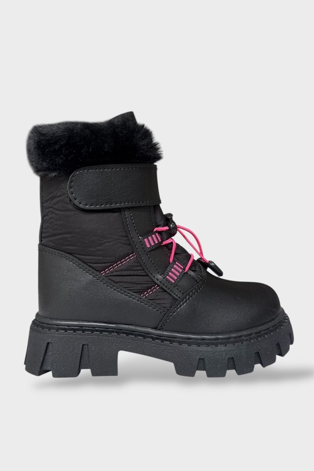 Velcro Smart Lace-Up Fur-Lined Cold and Water Resistant Girls' Boots Black - Fuchsia