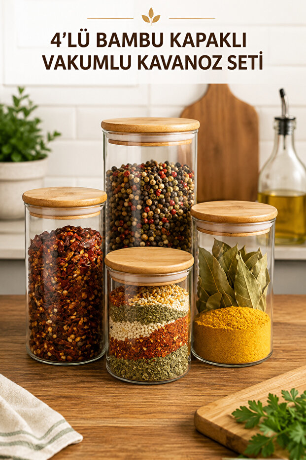 Set of 4 Borosilicate Glass Jars with Bamboo Lids – Vacuum Airtight Spice Container, Legume Food Storage Container