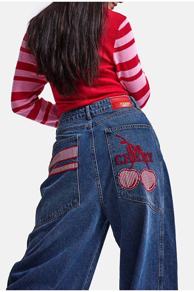 Women's Dark Blue 2W6-98 Mega Baggy Chery Embroidery Special Design Denim Jean