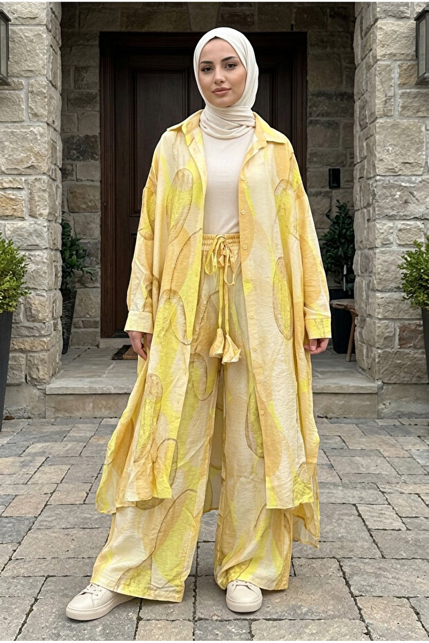 Women's Patterned Oversize Kimono Shirt and Pants Two-Piece Set