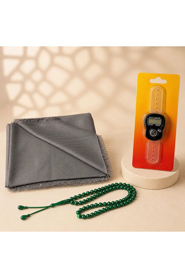 3-Piece Women's Hajj and Umrah Gift Set – Flared Scarf, Prayer Beads, and Zikirmatik - Red - Tile Red