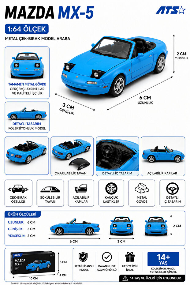 1:64 Scale Mx-5 Metal Pull-And-Go Model Car Blue 6 cm Code: Ats880104