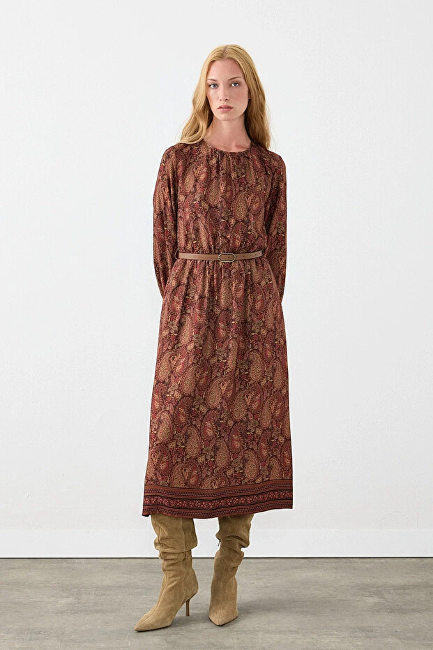 Belted Shawl Pattern Midi Dress - Brown