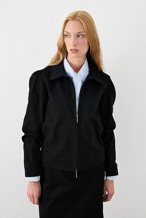 Baby Collar Zippered Canvas Jacket - Black