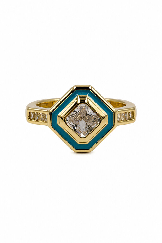 Modern Steel Ring with Yellow Color Square Stone and Turquoise Enamel