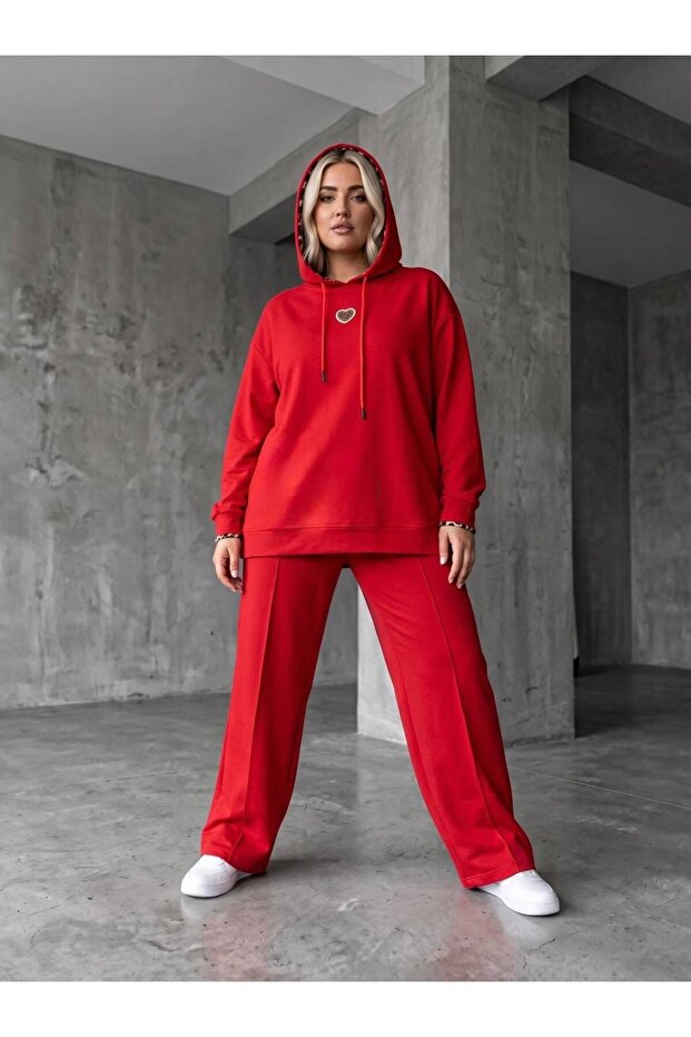 Women's Plus Size Long Sleeve Leopard Detailed Hooded Tracksuit Set 8296-26