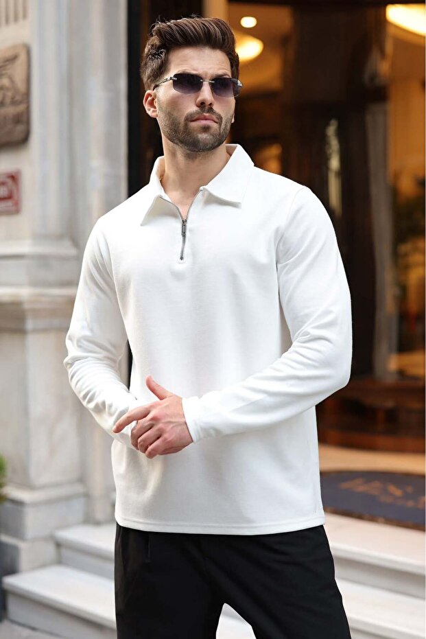 Ecru Half Zipper Polo Collar Textured Men's Sweatshirt E7197