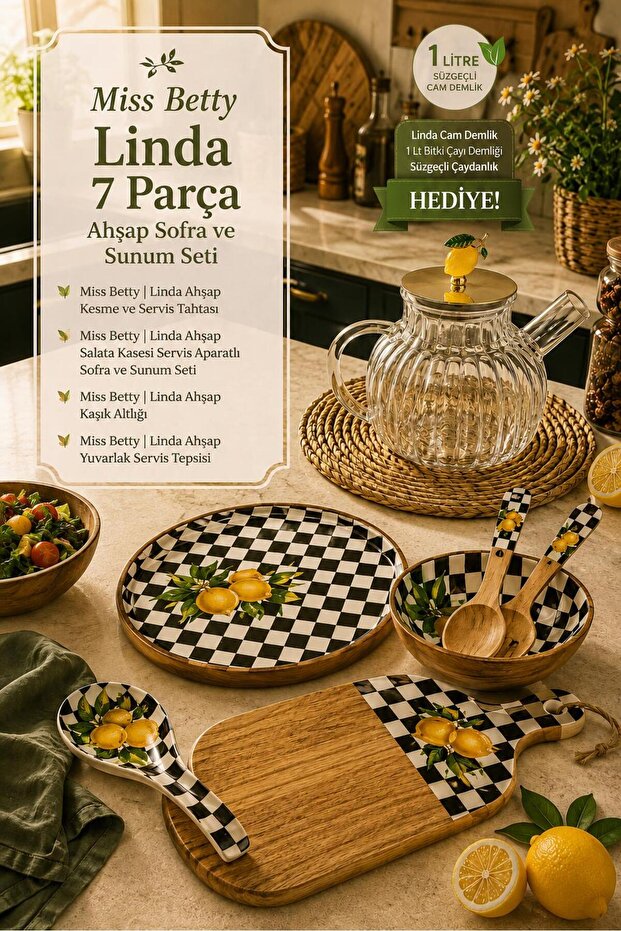 Linda 7 Piece Wooden Presentation Set Lemon Patterned Tableware and Serving Set