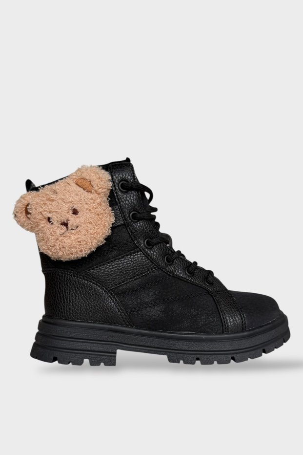 Cold-Proof Girls' Boots with Teddy Bear and Zipper, Black