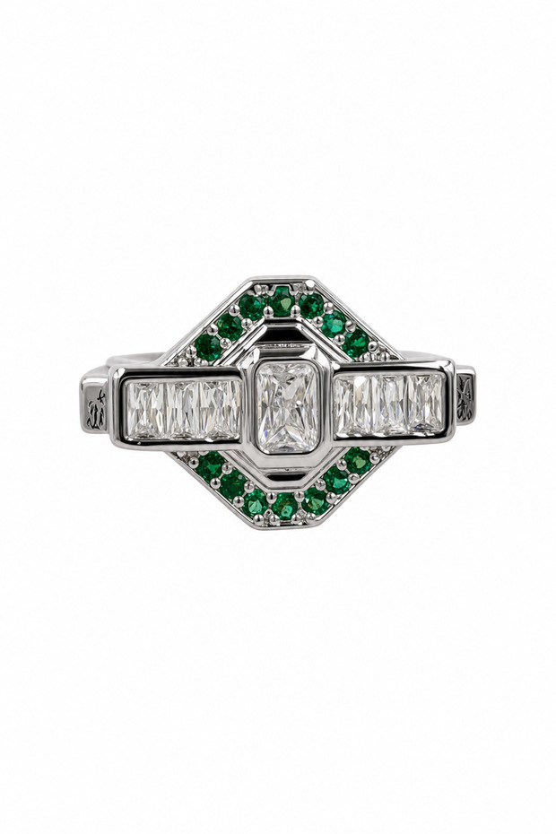 Art Deco Inspired Rectangular Clear and Green Zircon Stone Grey Steel Ring