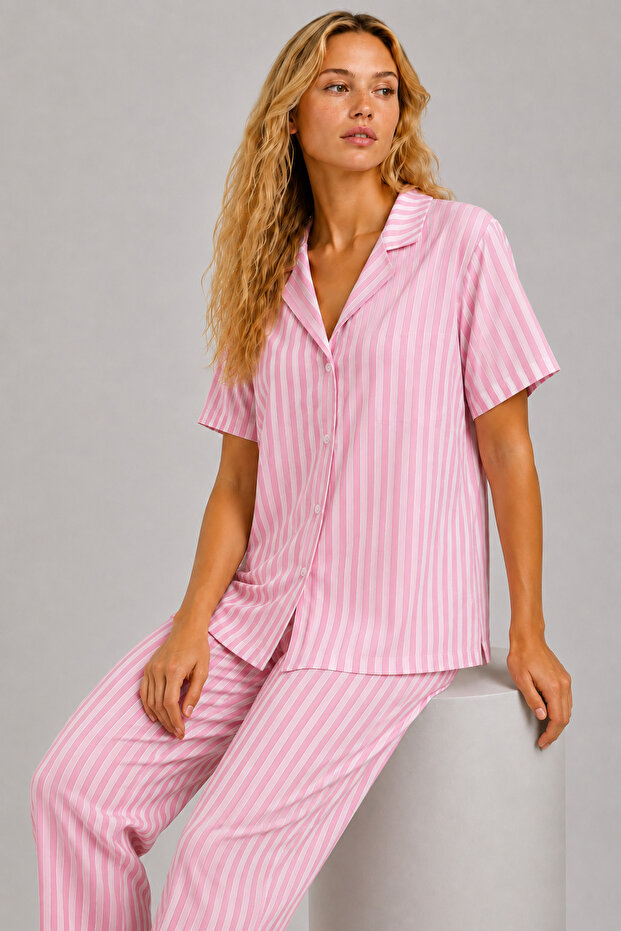 Women's Pink White Striped Short Sleeve Shirt Collar Buttoned Pajama Set