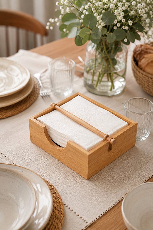 Natural Bamboo Square Napkin Holder 18X18 cm – Desktop Serving Napkin Holder, Decorative Wooden Napkin Organizer Kitchen Table Tableware