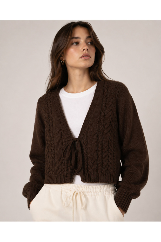 Women's V-Neck Tie Hair Braid Patterned Long Sleeve Crop Knitwear Cardigan