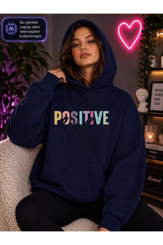 Women's Positive Life Written Hooded Kangaroo Pocket Cotton Casual Comfortable Sweatshirt
