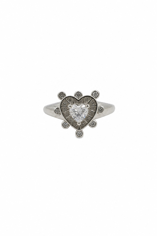Gray Steel Ring with Heart Motif and Stone Detail, Stylish and Modern Design for Women