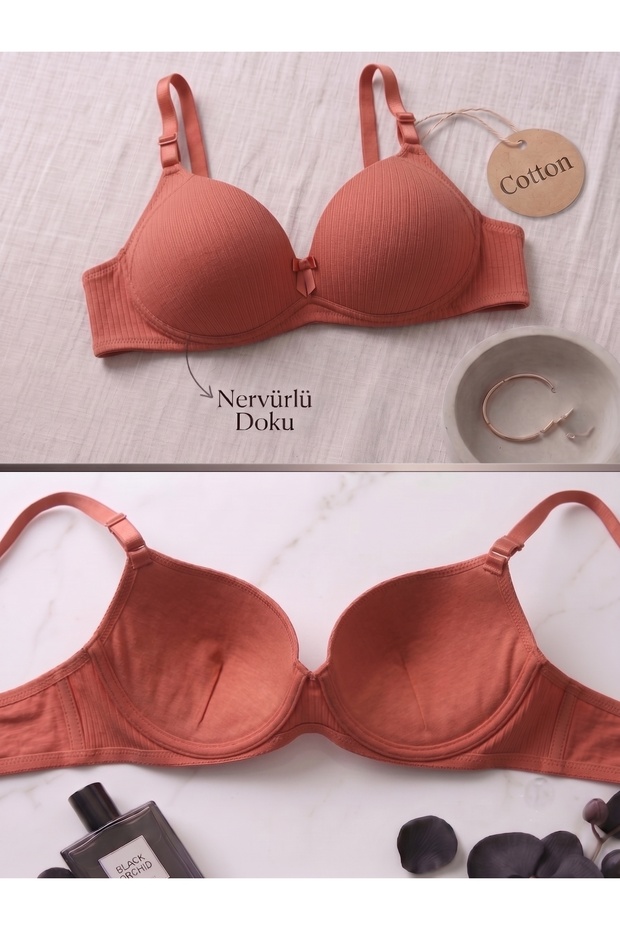 Cotton Non-Wired Non-Support C Cup Brick Color Non-Padded Fixed Strap Bra