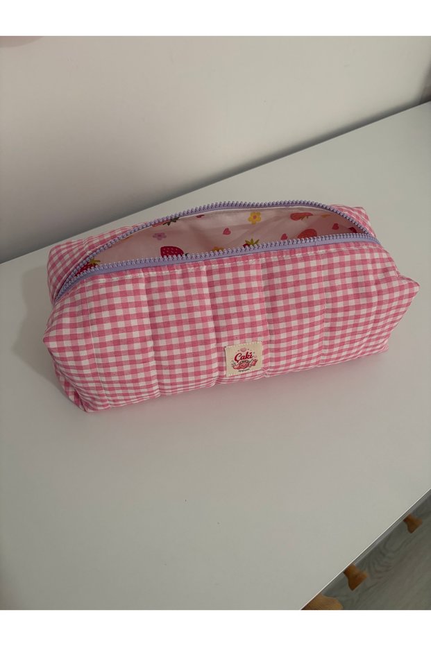 Pink Gingham Strawberry Lined Large Makeup Bag 28X10X10 cm