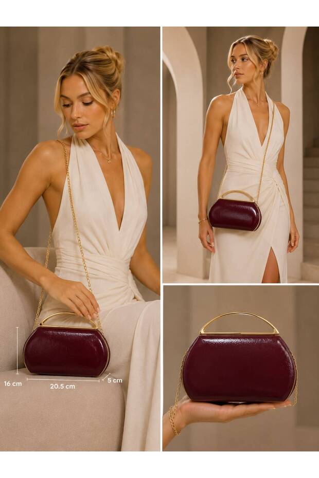 Burgundy Color Rustic Material Design Evening Dress Clutch Chain Strap Hand-Held Wedding Engagement Evening Bag