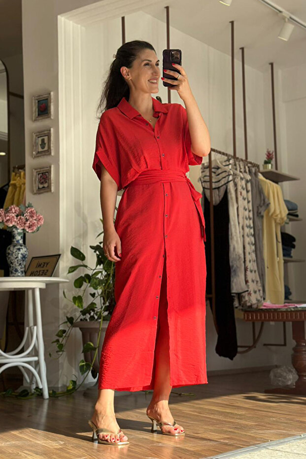 Pomegranate Flower Belted Buttoned Midi Dress