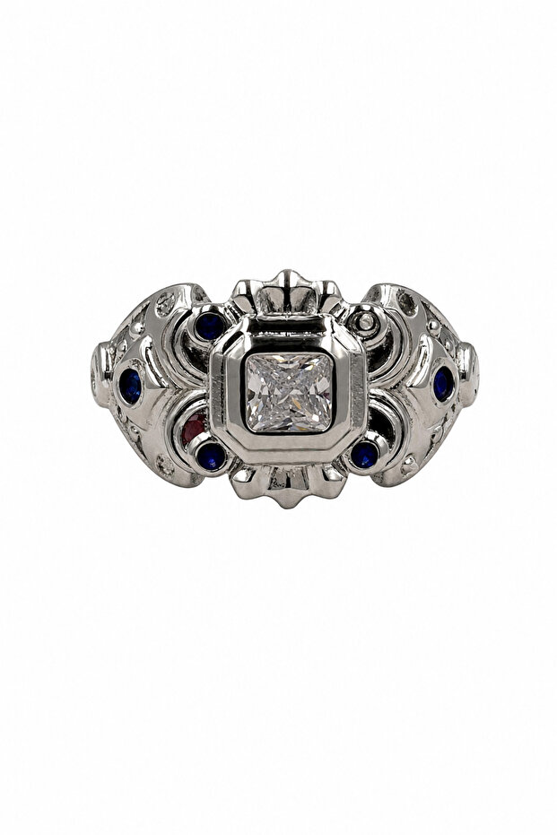 Special Design Gray Color Stone Detailed Embroidered Steel Ring
