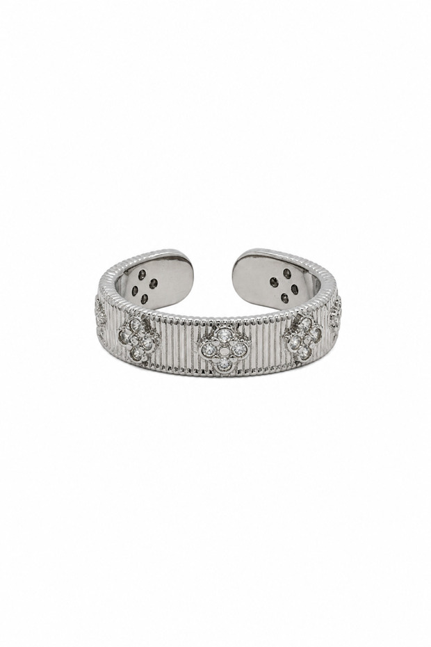 Adjustable Flower Pattern Stone Gray Steel Ring