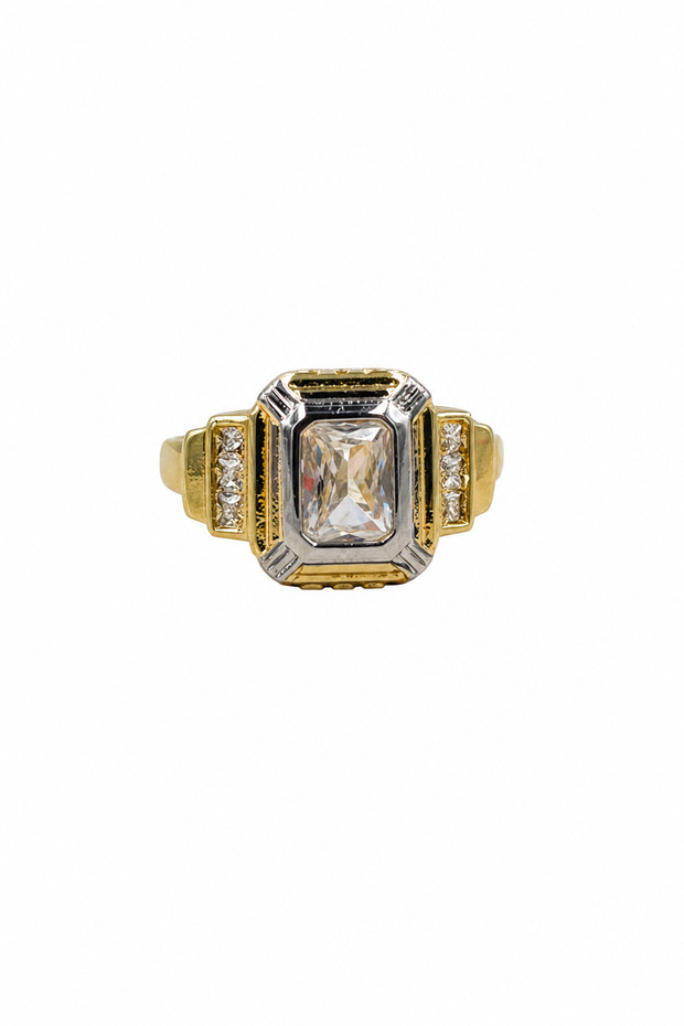 Yellow and Grey Toned Rectangular Cut Zircon Stone Stylish Design Ring