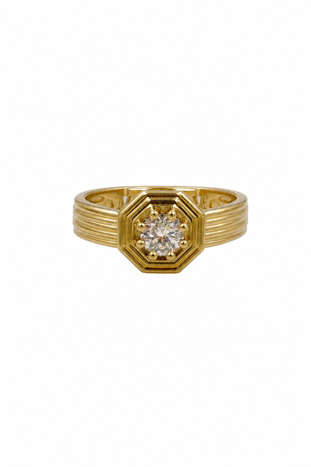 Yellow Color Octagonal Stone Detailed Modern Steel Ring