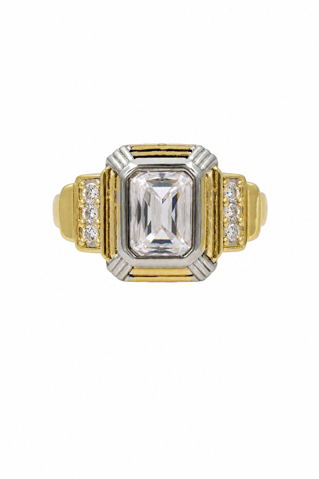 Yellow Gray Toned Rectangular Cut Stone Steel Ring