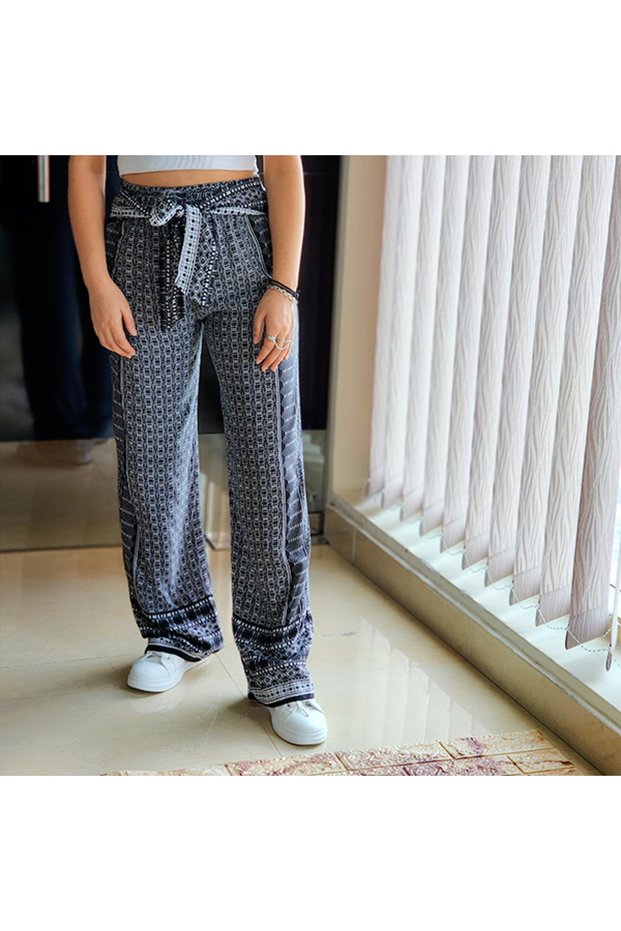 Women's Black Patterned Wide-Leg Trousers