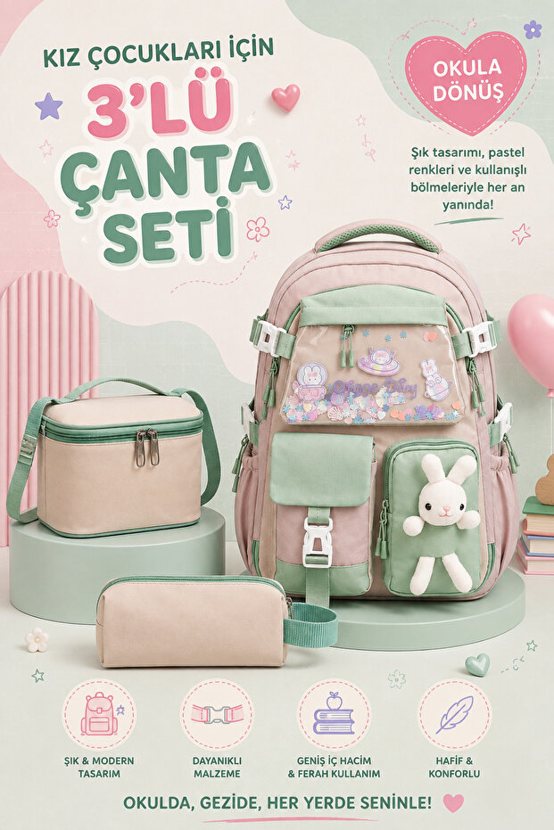 Korean Style Accessorized 3-Piece Children's Primary School Middle School Bag Backpack Thermal Lunch and Pencil Case Set