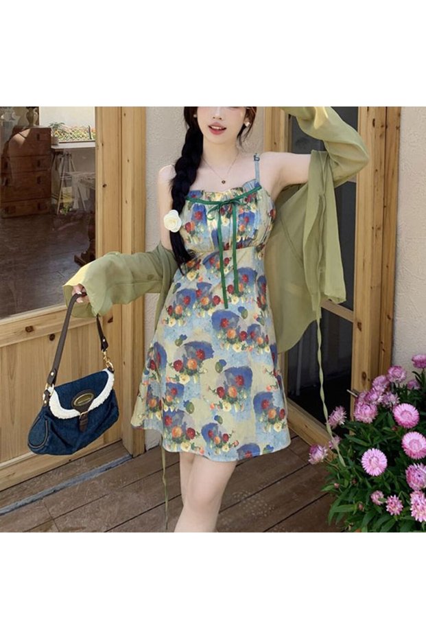 Women's Green Floral Dress & Cardigan Set