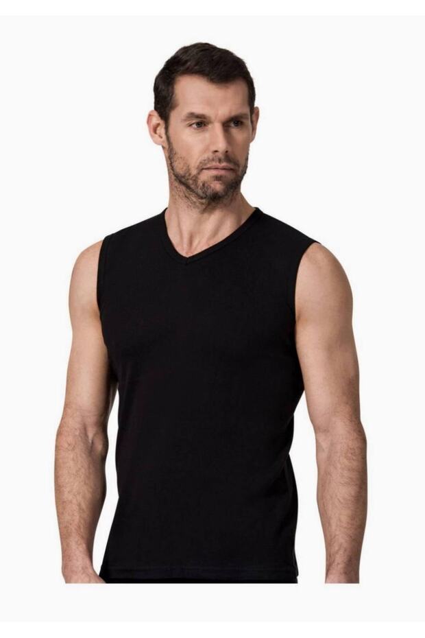 Tutku-Men's Black Single Pack Ribbed V-Neck Sleeveless Undershirt New Season (3 Piece Economic Pack)