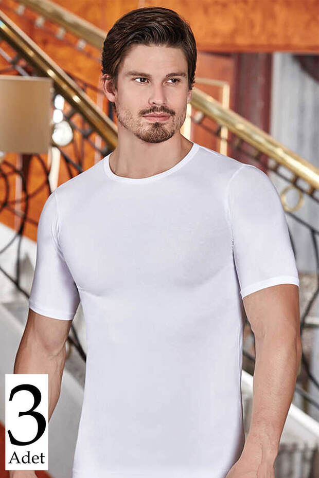 Tutku-Men's White 3-Piece Lycra Short Sleeve Crew Neck Undershirt Mbr10243