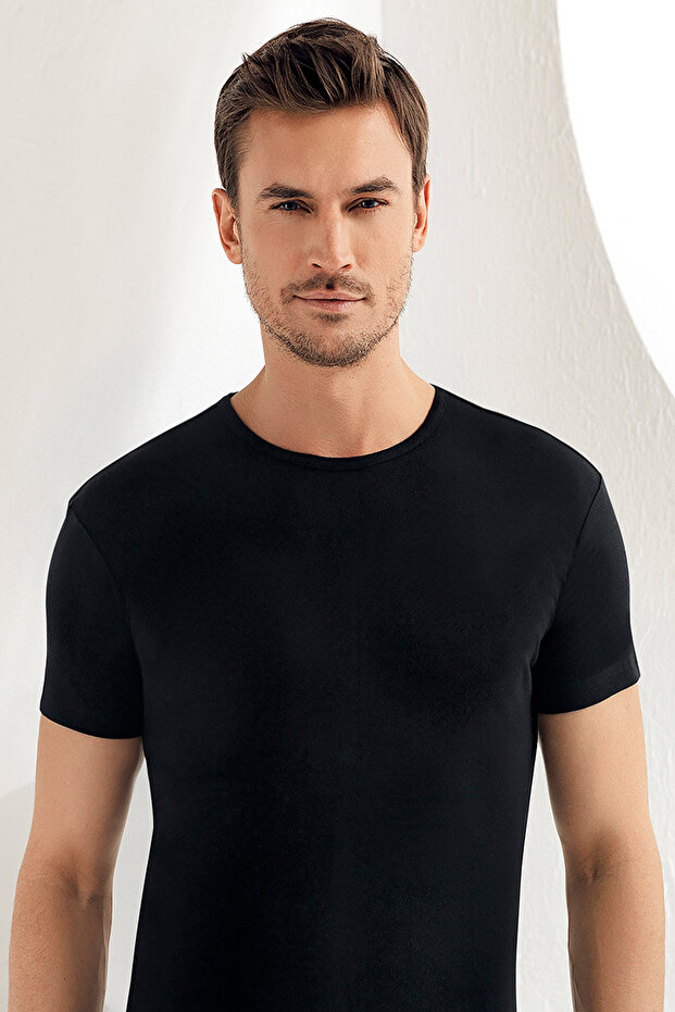 Tutku-Men's Black Short Sleeve Crew Neck Ribbed Undershirt Me027