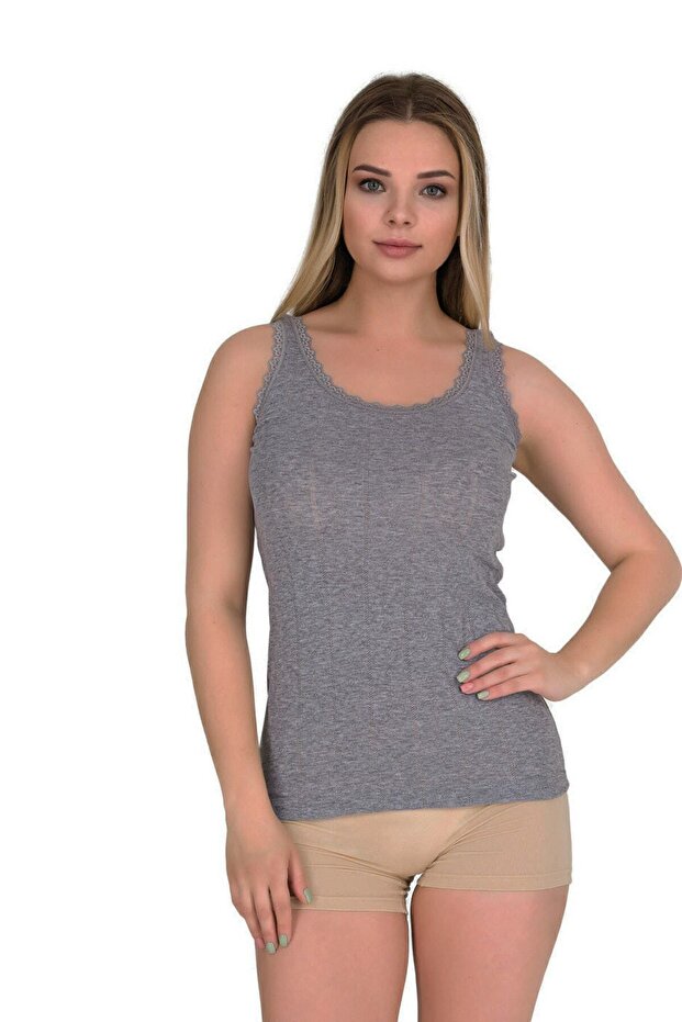 Tutku-Wide Strap Patterned Women's Tank Top | 4 Pack Cotton Gray