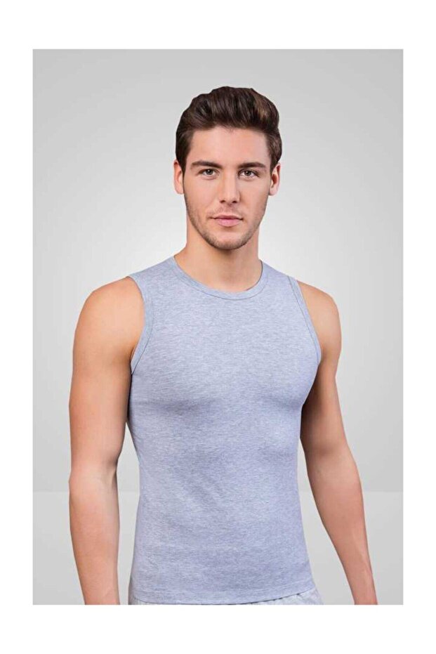 Tutku-Erkek Gray 3-Piece Lycra Single Jersey Sleeveless Crew Neck Undershirt 1026