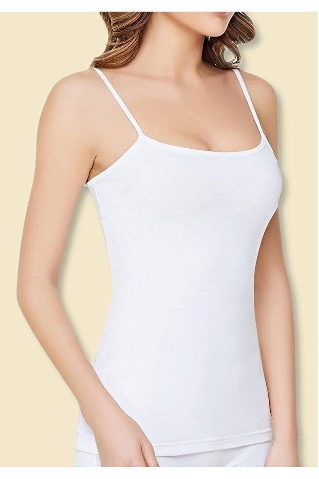 Tutku-Women's White Elastane Cotton Strap Undershirt New Season (12 Pieces Economic Package)