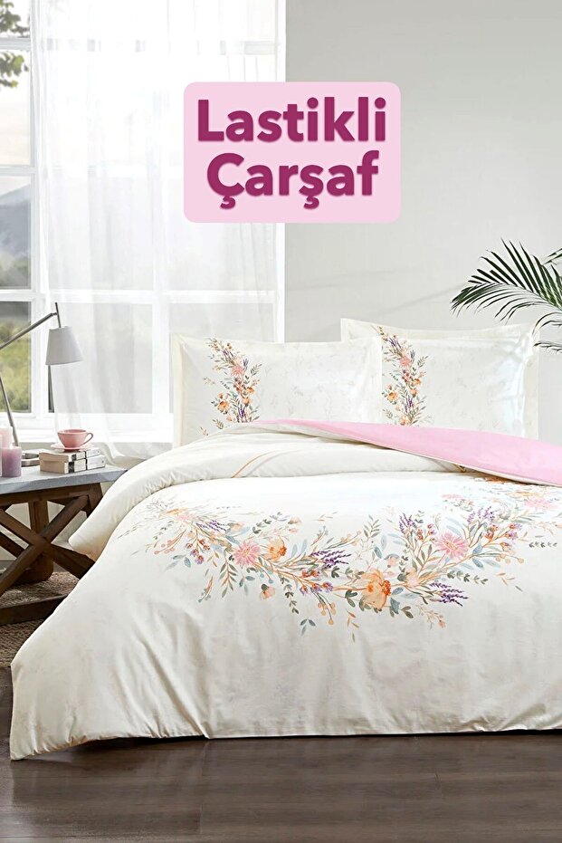 Lavender - Elasticized Bed Sheet - Double Duvet Cover Set - 100% Cotton