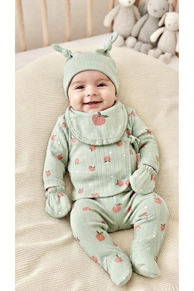 Ncxs 241005 Peach Patterned Newborn 5-Piece Bodysuit Set