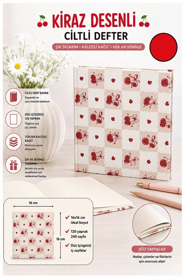 Cherry Figured Square Notepad 16X16Cm 1 Piece Lizz Hard Cover 120 Sheets Hardcover Unlined Special Memory Book