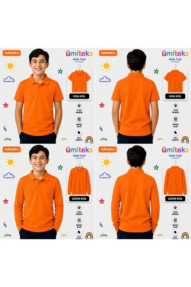 Unisex Children's Polo Collar T-Shirt 100% Cotton Short Sleeve & Long Sleeve School T-Shirt Set of 2