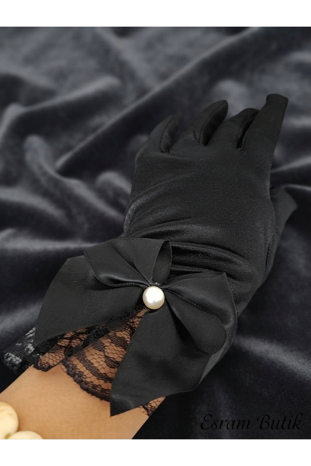 Black Tailed Satin Bow, Beaded and Lace Women's Gloves, Wedding Engagement Wedding and Evening Dress