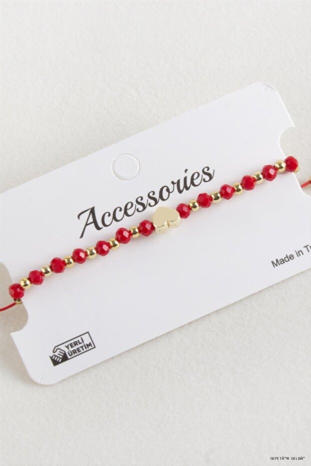 Spt-Gld Heart Crystal Macrame Rope (234326) Bracelet Red
