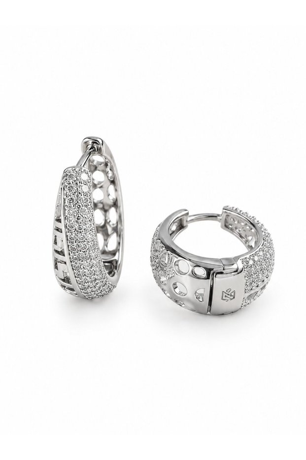 Silver Color Zircon Stone and Motif Detailed Drop Hoop Model Women's Earrings