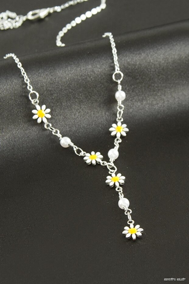 Spt-Gld Daisy Enamel Pearl Y Necklace (225813) Silver Color