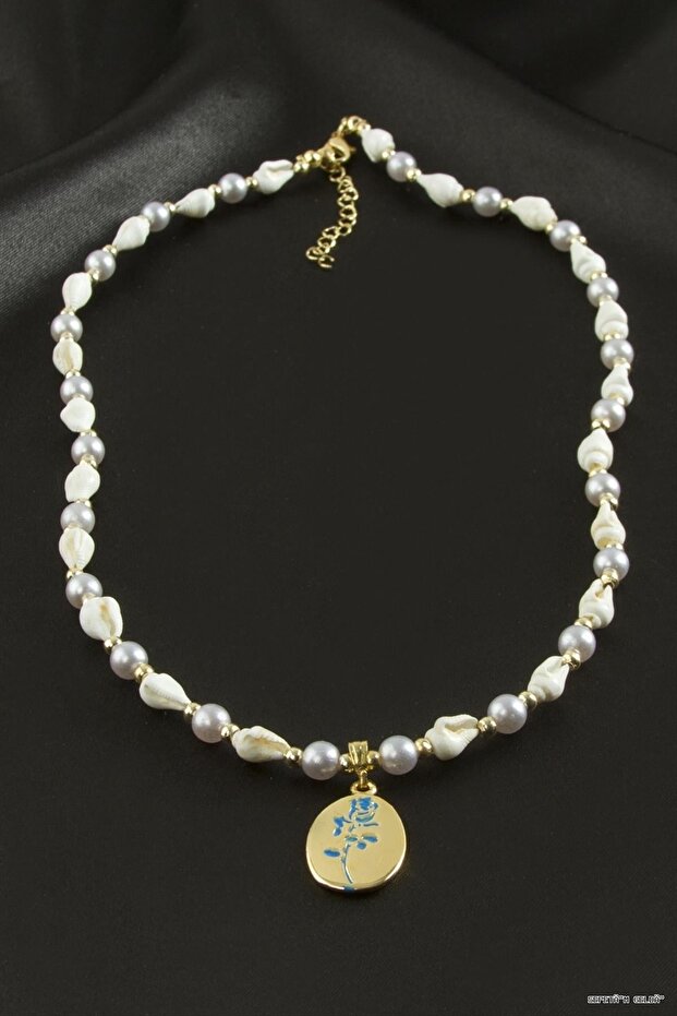 Spt-Gld Rose Sea Shell Pearl Enamel (225710) Necklace White