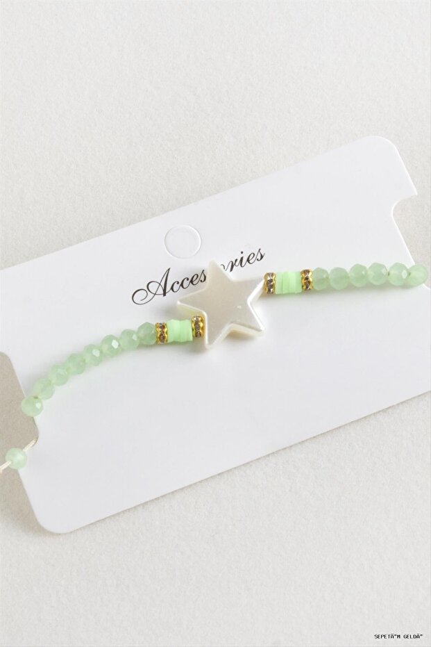 Spt-Gld Star Pearl Crystal Macrame Rope (234414) Bracelet Green